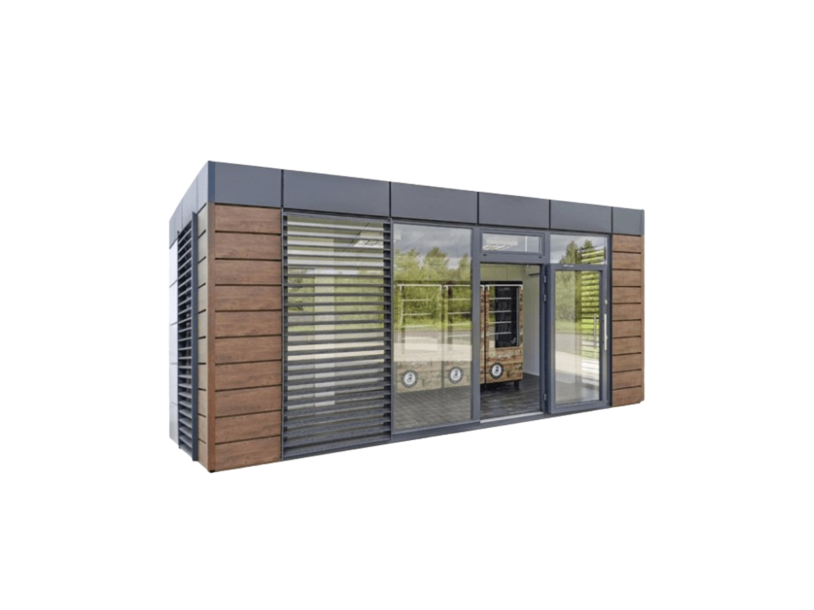 Uitgesneden boerderijwinkel-container met glasvoorkant en houten bekleding      