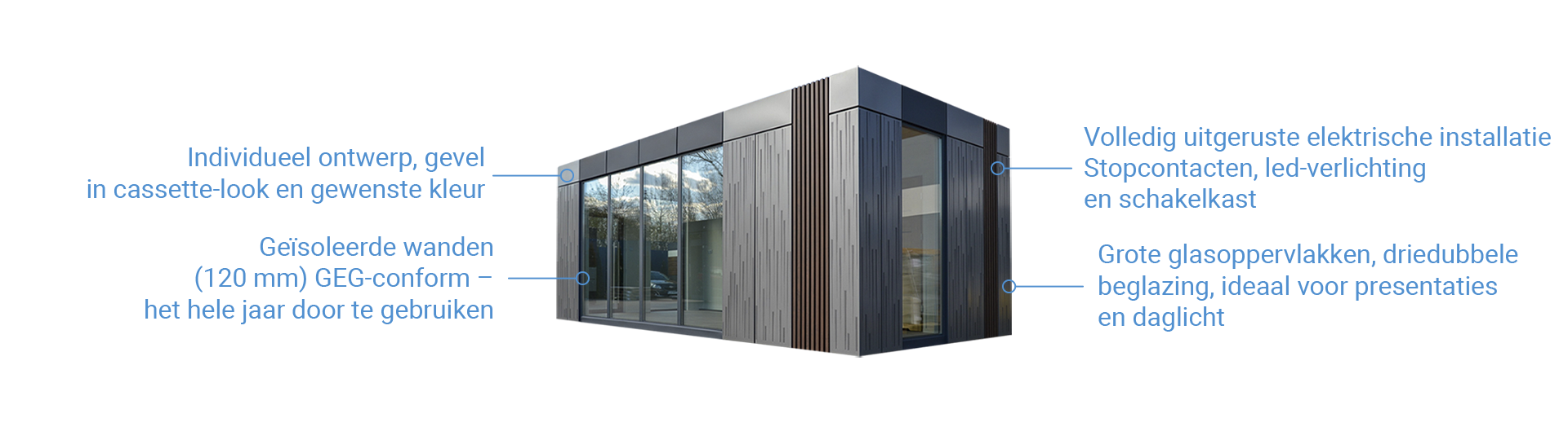 Kantoorcontainer met grootschalige glasgevel en vrij kiesbare afmetingen      