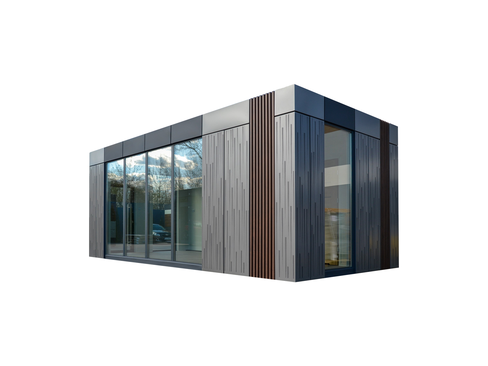 Moderne kantoorcontainer met grootschalige glasvoorkant en grijze metalen gevel met verticale designelementen      