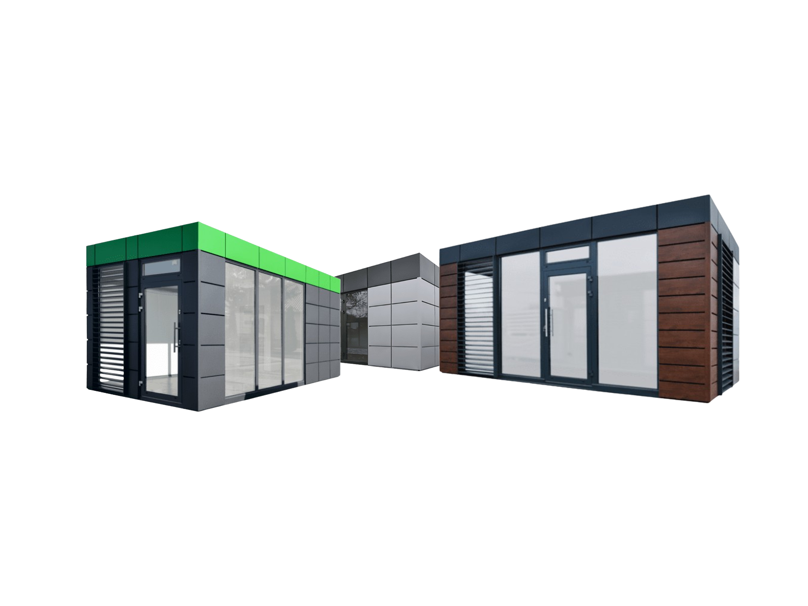 Drie moderne containers met verschillende gevelontwerpen uit metaal, hout en glas      