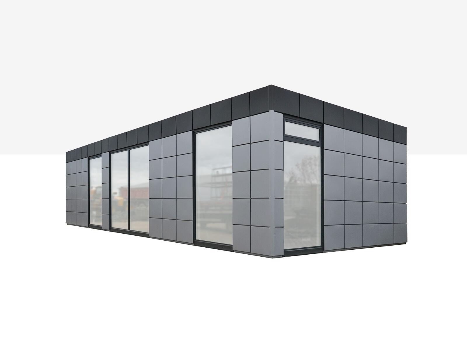 Modern modulair gebouw met grijze rastergevel en grote vloerdiepe ramen      