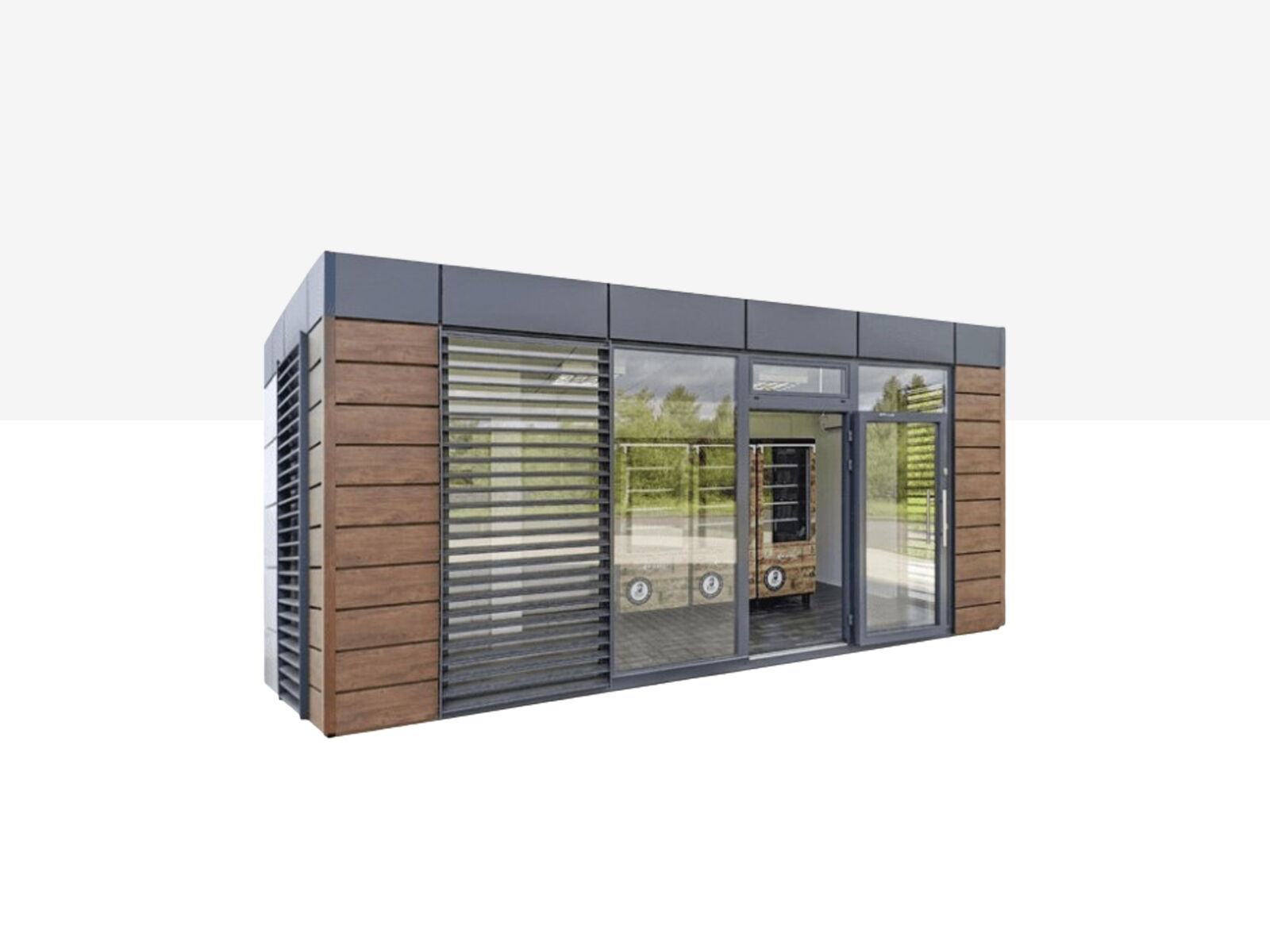 Moderne container met houten gevel, lamellenelementen en grote glasvoorkant met ingangsdeur      