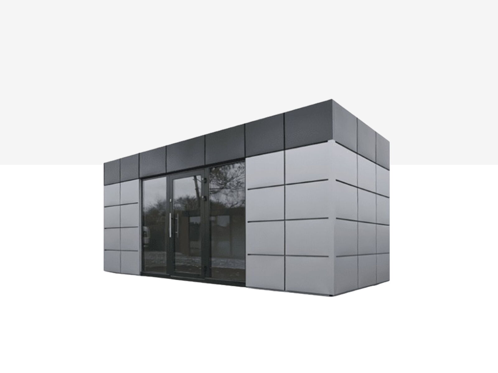 Moderne verkoopcontainer met grijze gevelbekleding en dubbele glasdeur      
