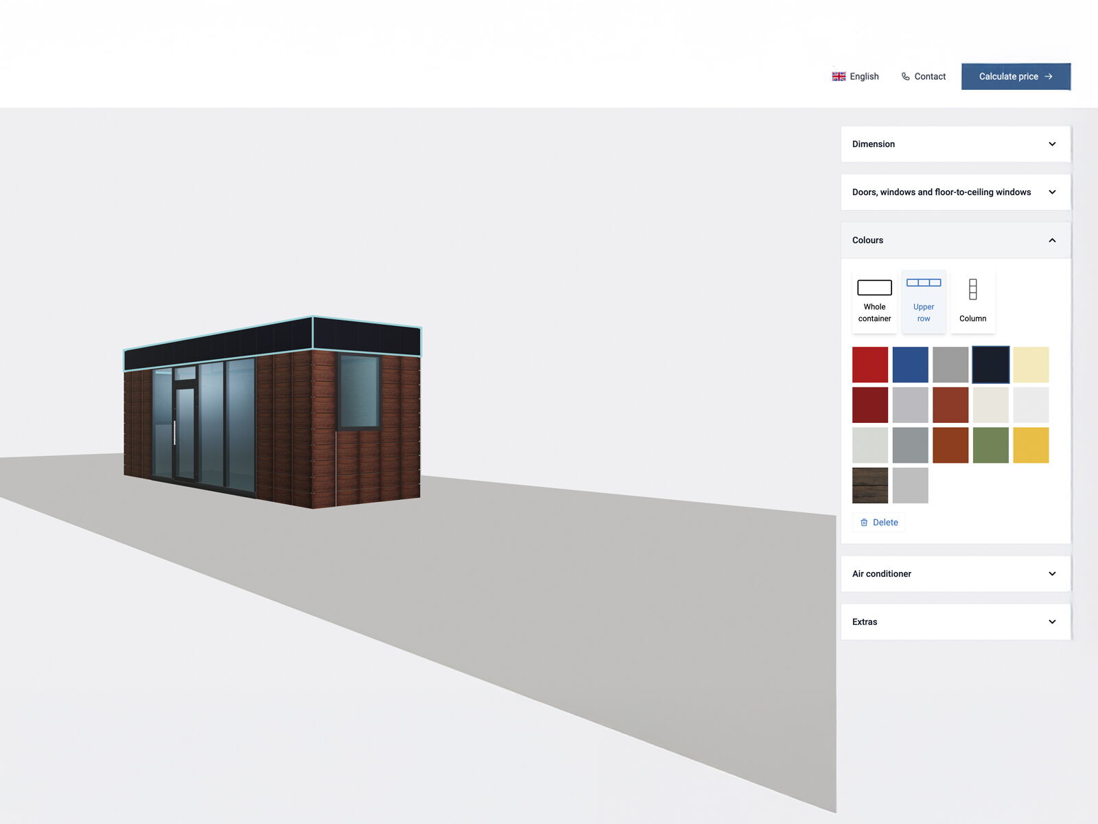 Online configurator voor kantoorcontainers met keuze van afmetingen, ramen en gevelkleuren      