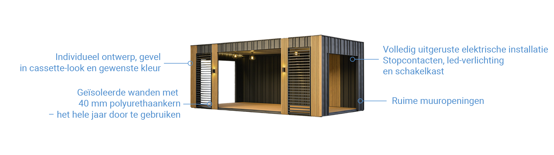 Pergola-container met vrij kiesbare afmetingen, houten-lamellengevel en geïntegreerde verlichting      