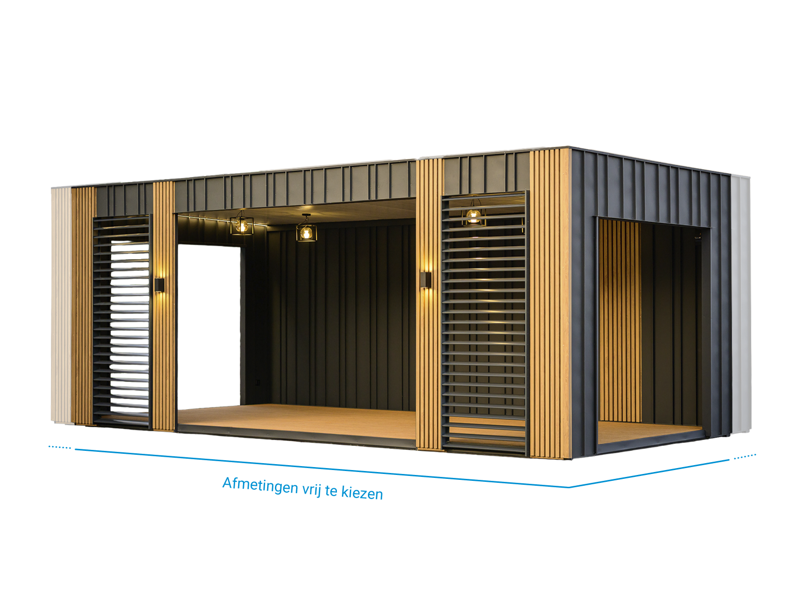 Pergola-container met geïsoleerde wanden, polyurethaankern, elektrische installatie en ruime wandopeningen      