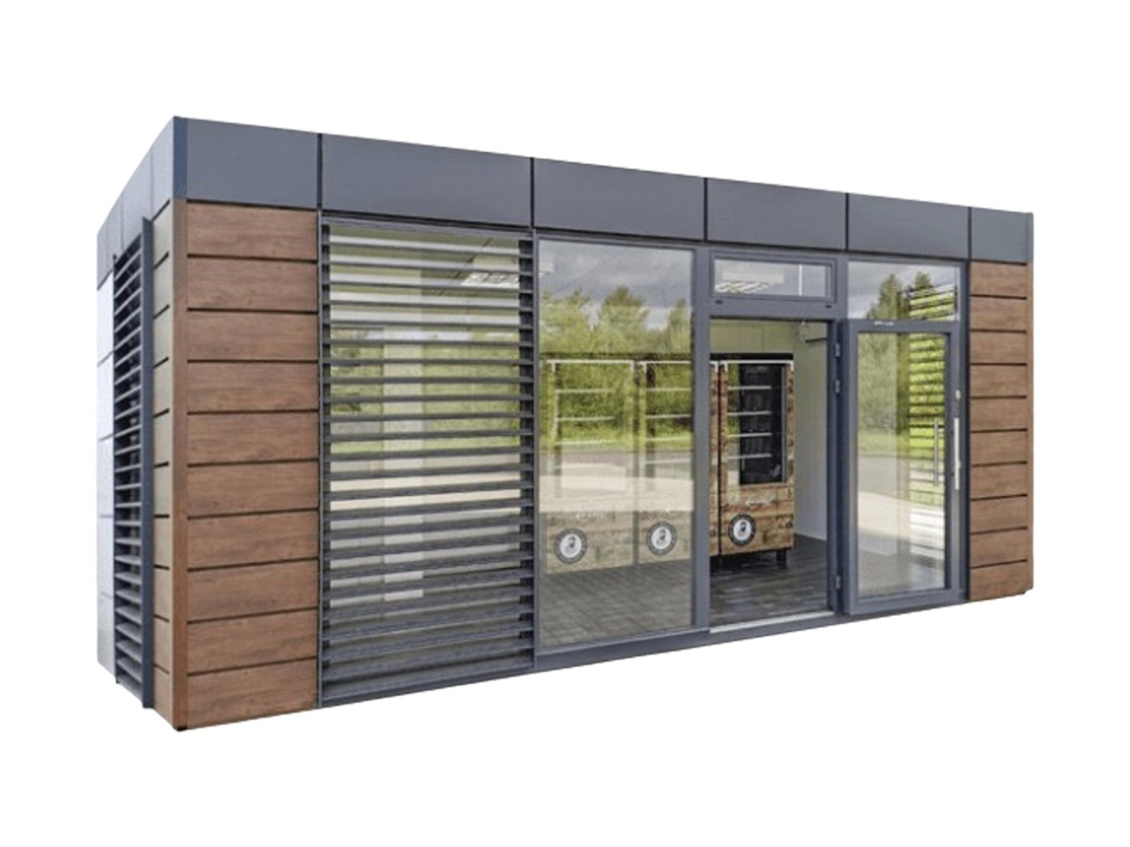 Uitgesneden boerderijwinkel-container met glasvoorkant en houten gevel      