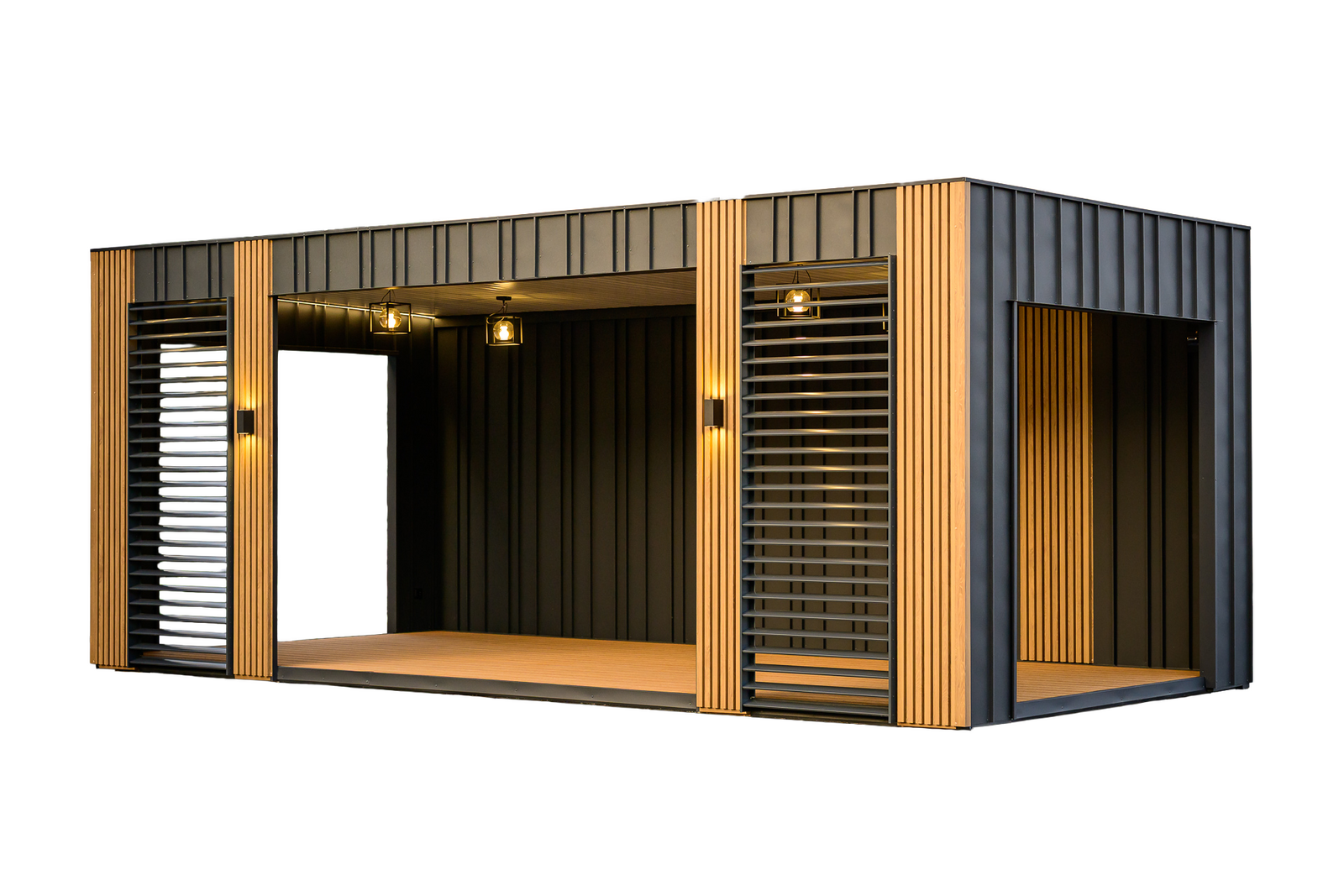 Moderne pergola-container met houten lamellen, grote openingen en geïntegreerde plafondverlichting      